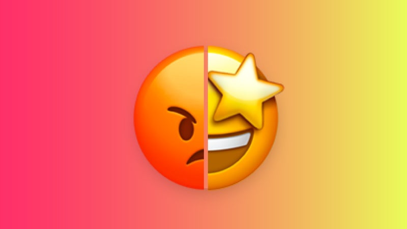 Icon of half a mean face emoji, next to half a starry eyed emoji.
