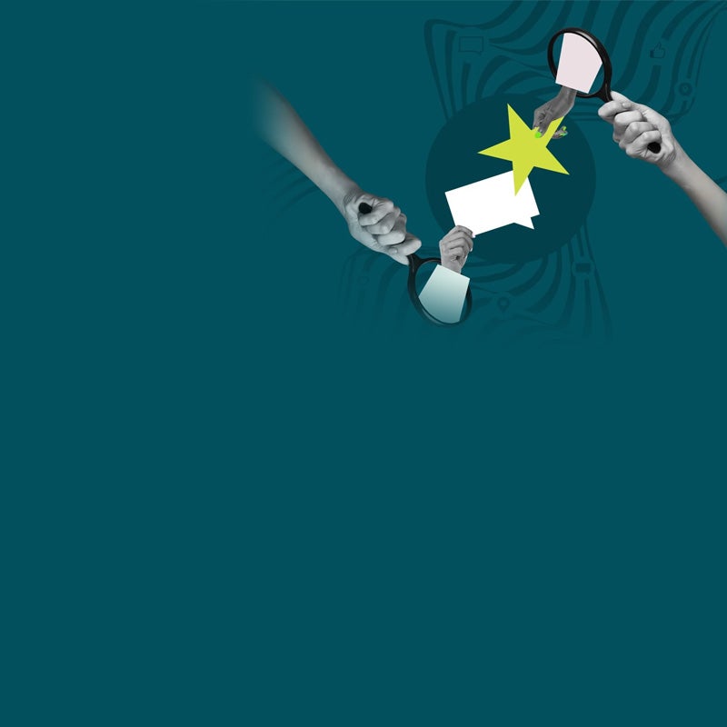 Illustration of hands holding a review bubble and review star.