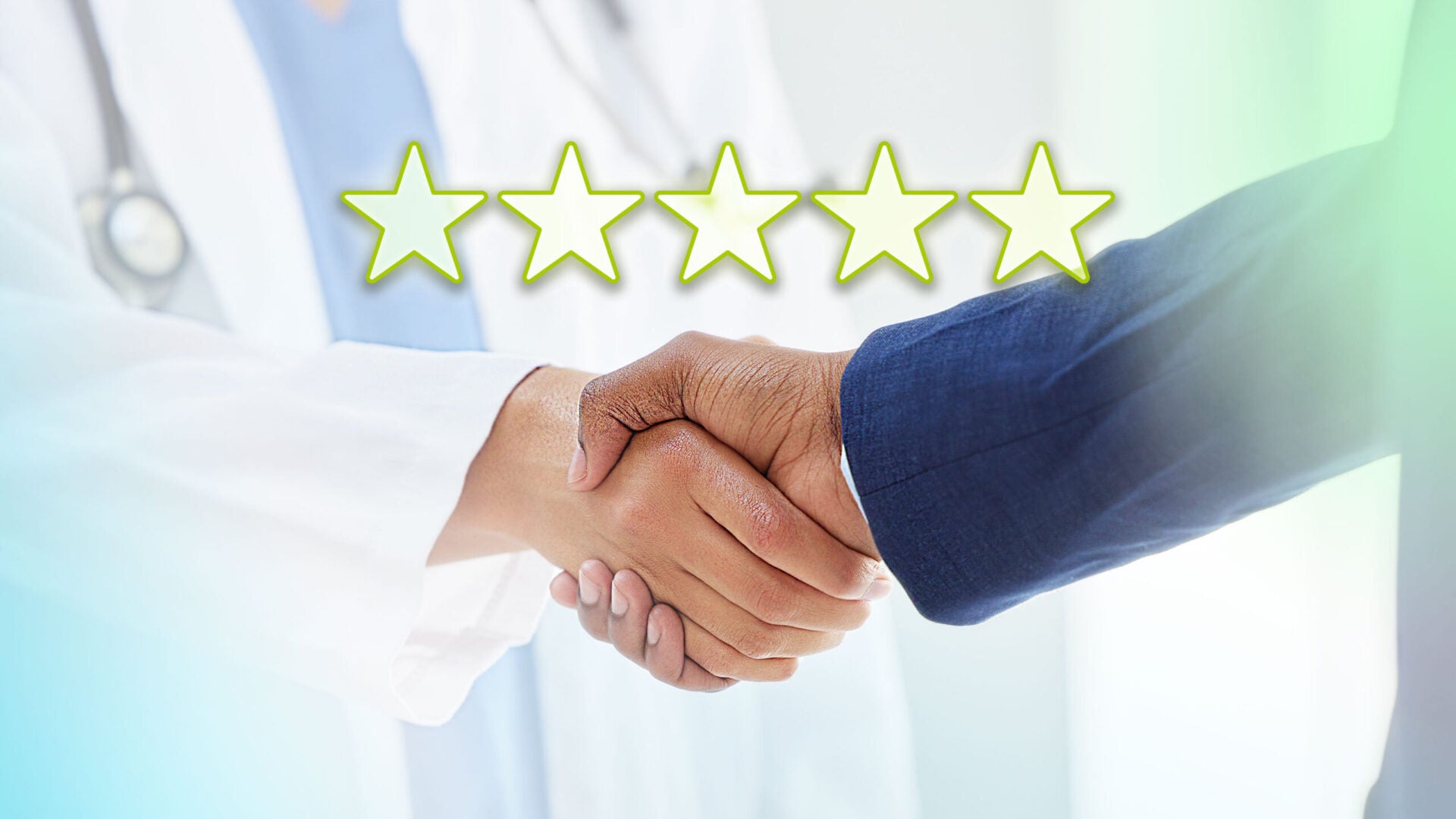 Doctor and businessman shaking hands, rating stars over image.