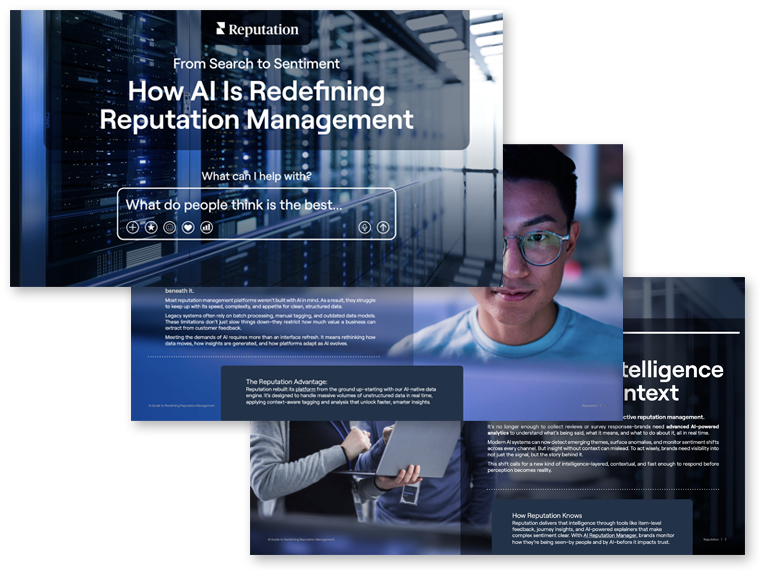 Three screengrabs of the guide "How AI is redefining reputation management"