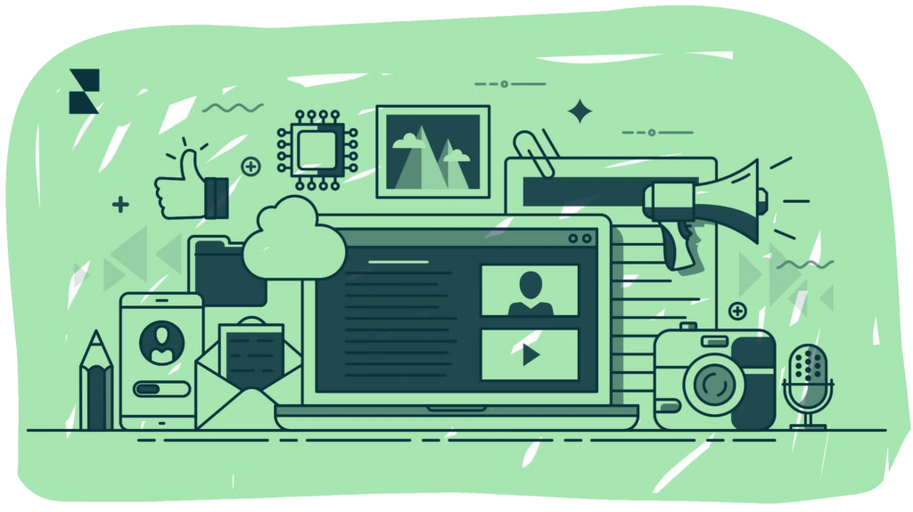 Illustration of social media icons, such as a thumbs-up, cloud, bull horn, camera, laptop and microphone
